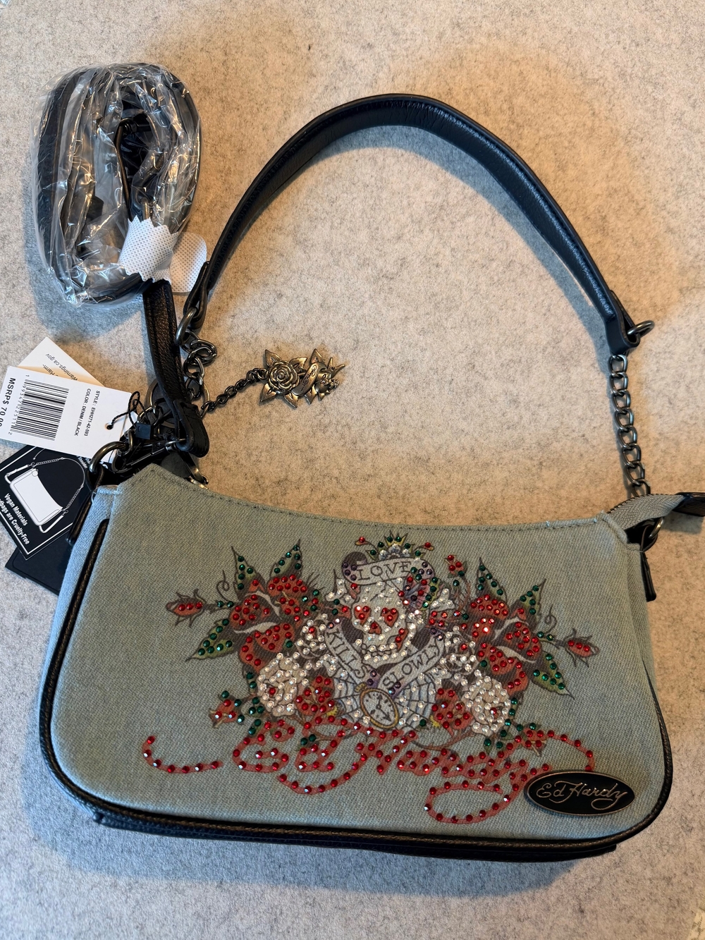 Ed Hardy Green Embellished Floral Shoulder Bag